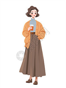 端着咖啡穿黄色针织外套时尚优雅的扁平风卡通女孩图片