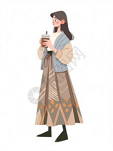 端着咖啡穿棕色半身长裙的时尚扁平风卡通女孩图片