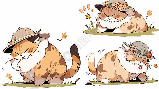 戴着草帽在草地上的可爱卡通肥菊猫图片
