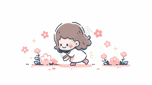 开心奔跑摘花的可爱卡通小女孩图片