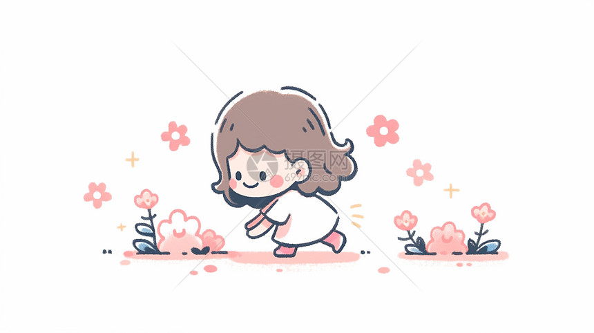 开心奔跑摘花的可爱卡通小女孩图片