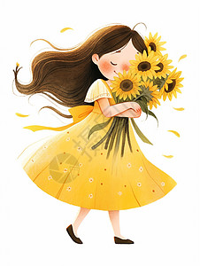 穿黄色裙子抱着向日葵花小清新卡通小女孩高清图片