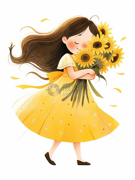 穿黄色裙子抱着向日葵花小清新卡通小女孩图片