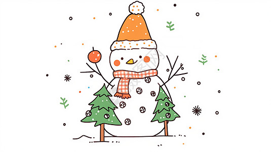 头戴圣诞帽的可爱卡通小雪人与两棵小小的卡通圣诞树背景图片