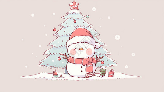 高大的卡通圣诞树前一个小小的卡通小雪人图片