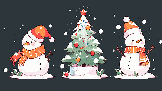 雪中两个可爱的卡通小雪人与圣诞树图片