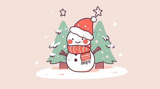 围着红色围巾戴着圣诞帽的卡通小雪人背景图片