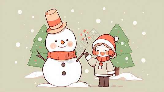 站在雪人旁开心笑的可爱卡通小女孩图片