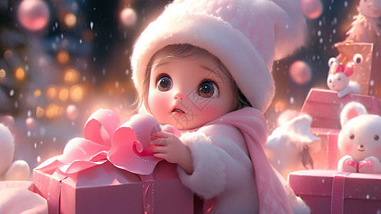 大眼睛漂亮的卡通小女孩圣诞节抱着礼物盒图片