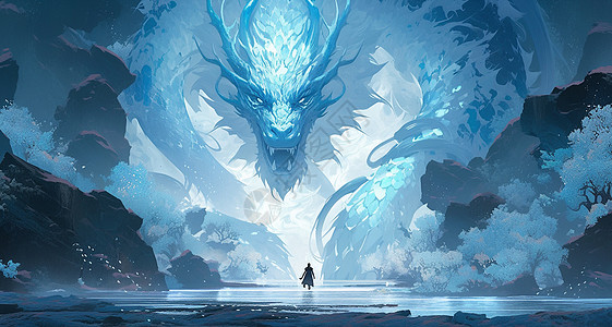 夜晚凶猛的蓝色巨龙与站在湖水中小小的卡通人物背景图片