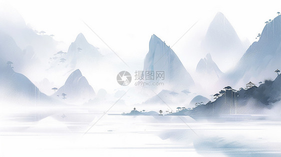 一艘小船在雾蒙蒙的湖面上唯美卡通中国画图片