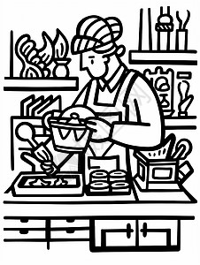 粗线条插画在厨房忙碌的卡通咖啡师背景图片