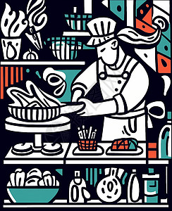 简约抽象粗线条插画忙碌的厨师背景图片