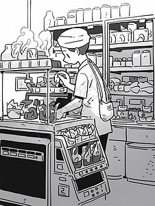 在厨房忙碌的卡通服务员粗线条插画图片