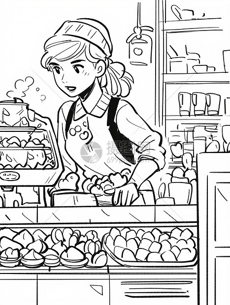在面包店的卡通服务员粗线条插画图片