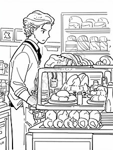 时尚卷发在面包店忙碌的卡通服务员图片