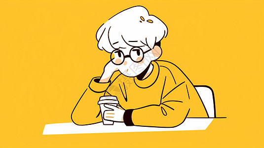 坐在桌子前喝咖啡手托着脸发呆的帅气卡通男孩图片
