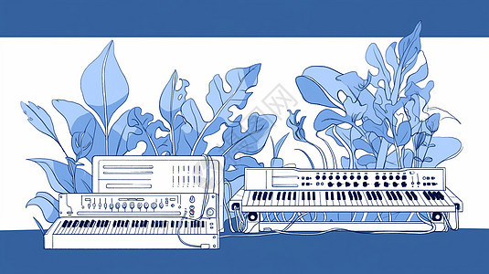 植物旁两个简约的卡通电子琴图片