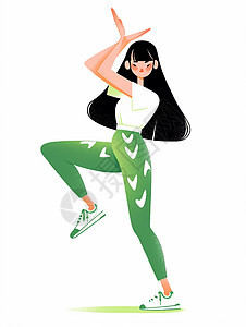 穿着绿色裤子白色T恤开心练瑜伽的卡通女孩图片