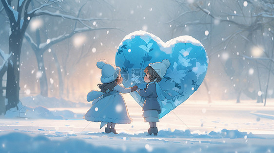 大雪中站在大大的蓝色爱心下的卡通好姐妹图片
