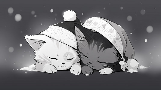 夜晚趴在一起睡觉的两只可爱的卡通小花猫戴着圣诞帽图片