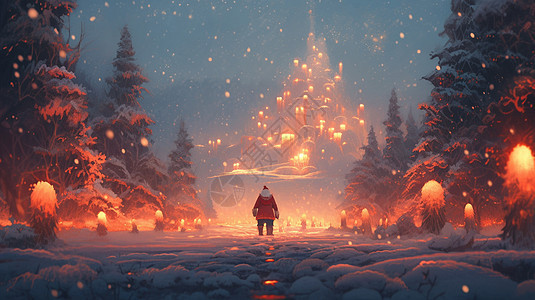 夜晚卡通圣诞老人背影走向远处高高的卡通城堡图片