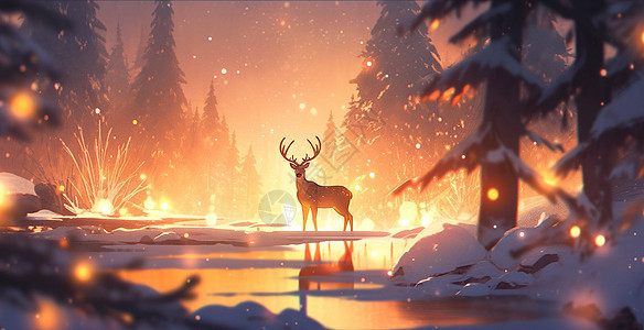 夜晚发光的森林中一只美丽的小清新卡通驯鹿图片