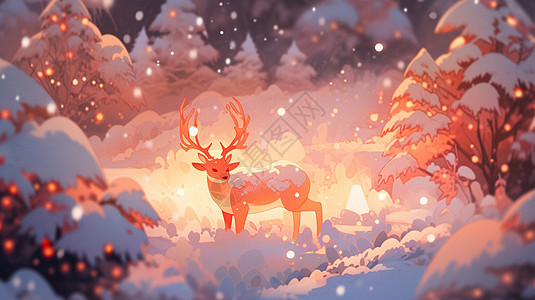 大雪中森林深处的卡通驯鹿图片
