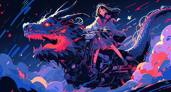 骑着摩托车的卡通女孩与飞龙图片