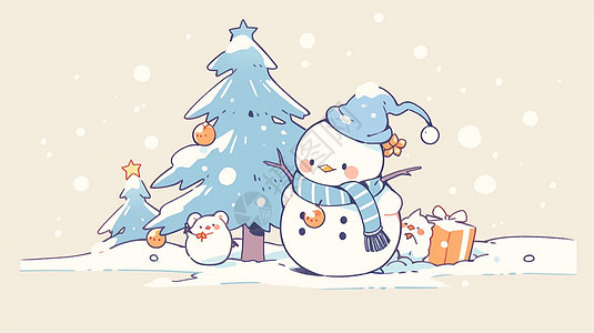 大雪中树下两个可爱的卡通小雪人图片