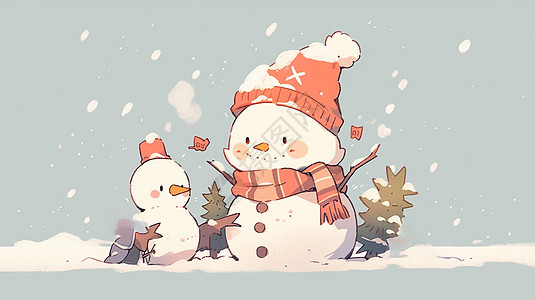 两个可爱的卡通小雪人在雪地中高清图片