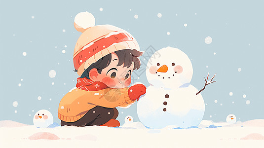 冬天在雪地中围着红色围巾认真堆雪人的可爱卡通小男孩插画