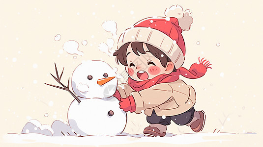 冬天在户外戴着红色帽子堆雪人的卡通小男孩图片