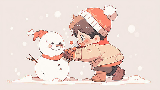 冬天大雪中围着红色围巾戴着红色帽子开心堆雪人的可爱卡通小男孩图片