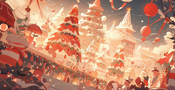 圣诞节喜庆高大的卡通圣诞树与熙熙攘攘的人群剪影图片