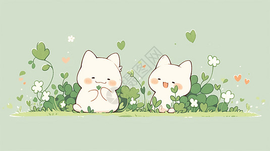 两个坐在植物中开心笑的卡通小猫图片