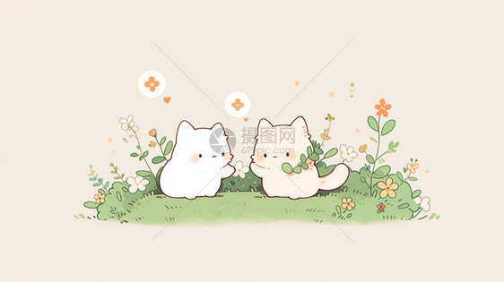 在草地上玩耍的两只可爱卡通小猫图片