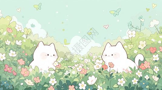 在花丛中嬉戏的两只卡通小白猫高清图片