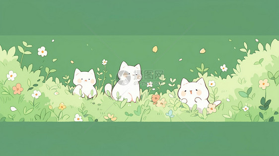 三只在草地上玩耍的卡通小白猫图片