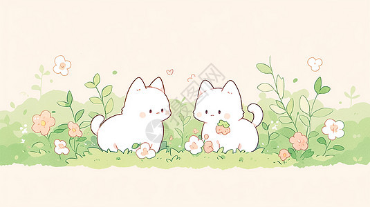 两只软萌可爱小白猫在花园中玩耍图片