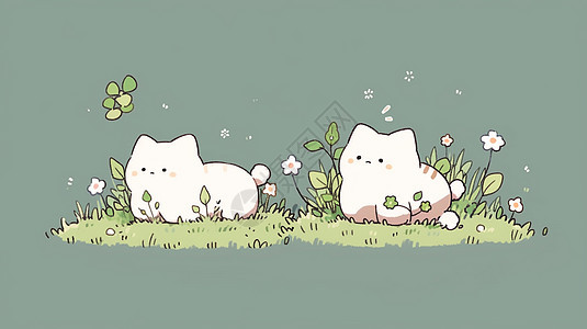 趴在草地上两只可爱的卡通小白猫图片