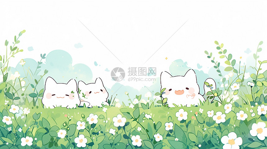 趴在草地上的三只可爱卡通小白猫图片