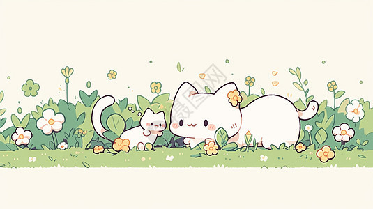 可爱的大猫和小猫在草丛中玩耍图片