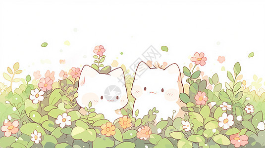 两只胖胖的卡通小白猫在花丛中微笑图片