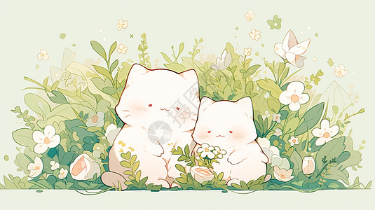 两只可爱的卡通胖猫依偎在草丛中图片