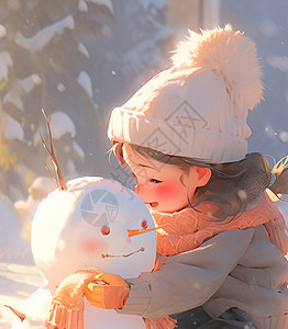 戴着米色毛线帽开心堆雪人的卡通小女孩图片