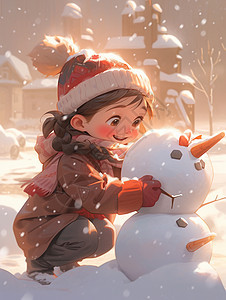 冬天大雪中蹲在雪地里开心堆雪人的卡通小女孩图片