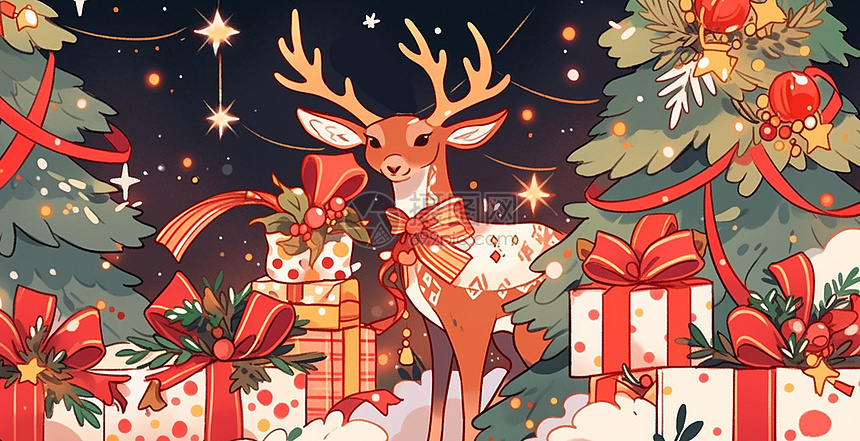 夜晚从华丽的卡通圣诞树旁走出的卡通小驯鹿图片