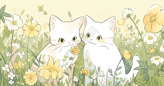 在黄色花丛中休息的两只可爱卡通小白猫图片