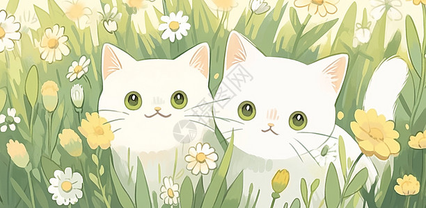 躲在草丛中两只大眼睛可爱的卡通小白猫图片